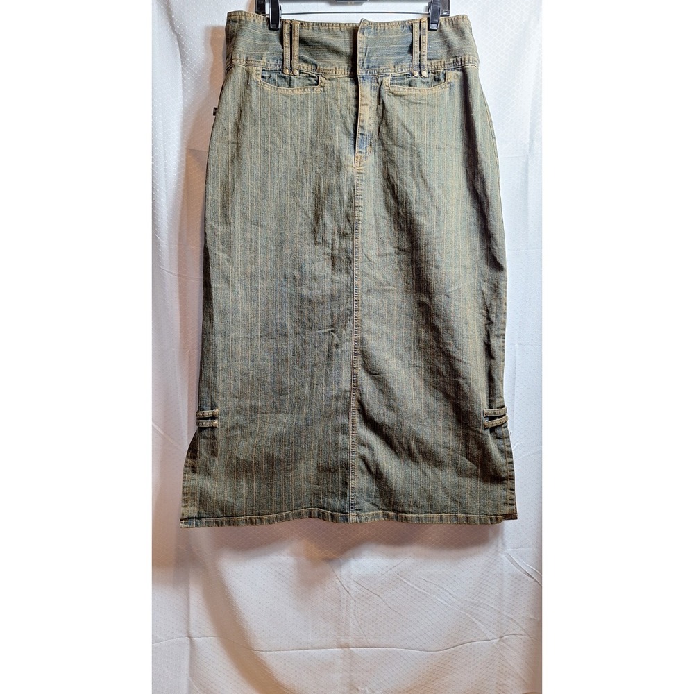 Vtg VEZUCCI Denim Maxi Skirt Sz 14 Black Orange Pinstripe Wash 90s Y2K Western